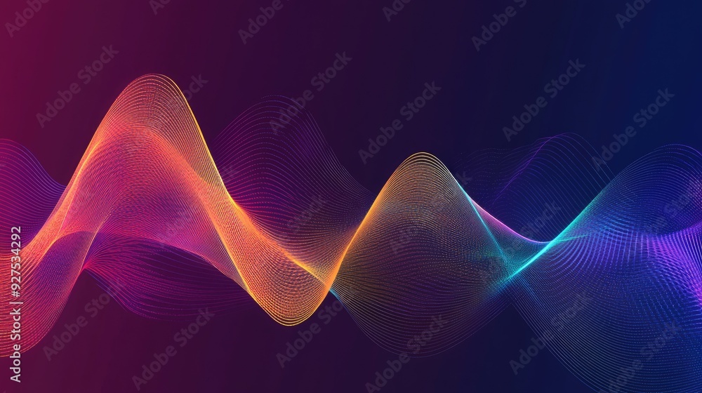 Poster Rainbow gradient sound wave lines illustration depicting speech or audio in motion. Dynamic and colorful abstract background for tech or media themes.