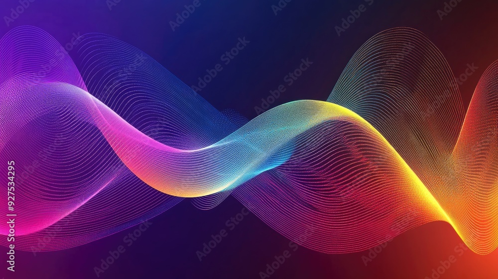 Poster Rainbow gradient sound wave lines illustration depicting speech or audio in motion. Dynamic and colorful abstract background for tech or media themes.