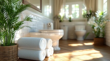 A tranquil bathroom setting featuring a white bathtub beside a large window allowing natural sunlight to fill the room.