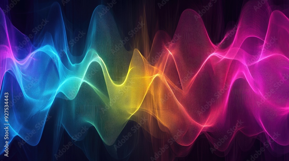 Poster Rainbow gradient speaking sound wave lines with abstract motion background. Vivid colors and flowing lines showcase dynamic audio or speech visualization.