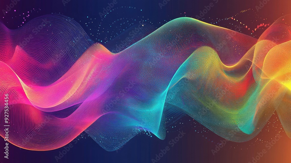 Poster Rainbow gradient speaking sound wave lines with abstract motion background. Vivid colors and flowing lines showcase dynamic audio or speech visualization.