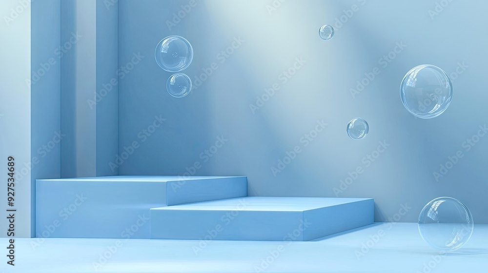 Poster realistic blue podium stage with floating soap bubbles. 3d vector background featuring rounded recta
