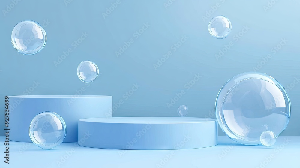 Poster realistic blue podium stage with floating soap bubbles. 3d vector background featuring rounded recta