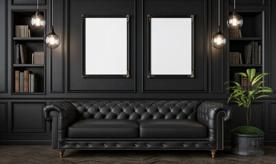 Mockup of two empty frames, modern design, gothic design, mockup for advertising paintings, living room