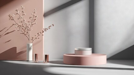 Refined gray background featuring a premium podium for cosmetic product presentation. Ideal for professional branding and packaging displays. Studio setting with soft, stylish shadows.