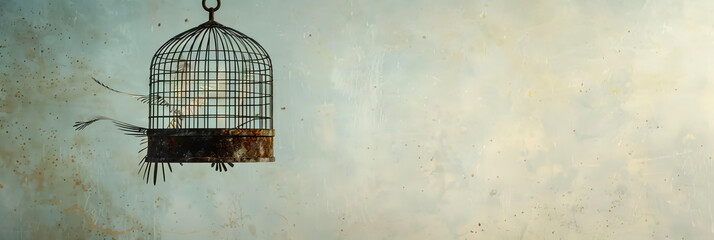 Empty Wings: An abandoned birdcage, hanging forlornly from a hook, its rusted bars holding only memories.