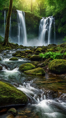 Fototapeta premium background view of a waterfall in the middle of a beautiful forest
