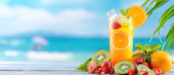 Refreshing tropical cocktail with fruits on a beach background, perfect for a summer vacation theme.