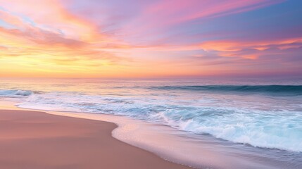 Obraz premium A tranquil beach at sunset, with waves gently lapping the shore and vibrant colors in the sky
