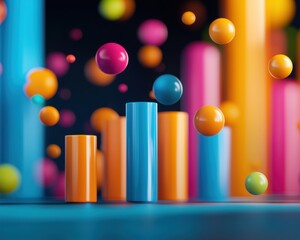 Obraz premium Abstract composition featuring colorful bars and spheres, representing growth, creativity, and innovation in a modern design.