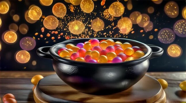 a pot filled with lots of candy on top of a wooden table
