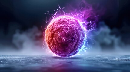 Vibrant glowing energy sphere with purple and blue electric sparks, isolated in a dark misty background, showcasing intense power and electricity.