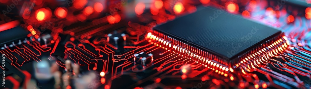 Poster close-up of a microprocessor on a circuit board showcasing intricate red lighting and detailed elect