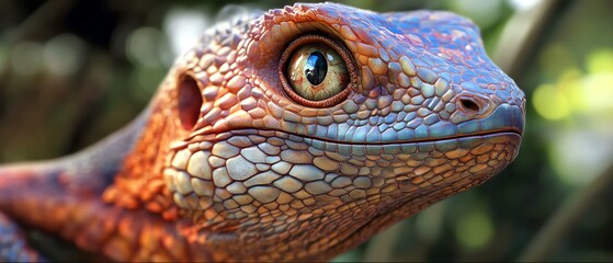 A detailed close-up of a lizard Produce a 3D CG image of a lizard from a worms-eye view, showcasing realistic lighting and intricate details such as the creatures eyes and vibrant skin
