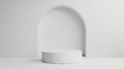 Sleek cylinder podium in a white studio, designed for minimal product stands. Ideal for high-end presentations with a clean, minimalist aesthetic. 3D rendering included.