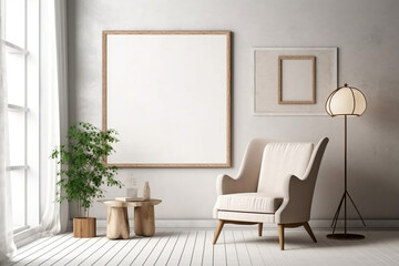 Minimalist home interior with wooden chair, desk, and blank framed poster mockup