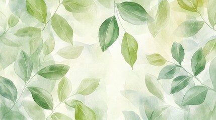 Fototapeta premium Soft green leaves painted in watercolor with a hand-drawn style, forming a gentle and organic background. Perfect for eco-themed projects, greeting cards, and decorative designs.