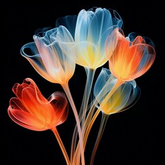 X-ray of tulip flower on black background. Generative AI.