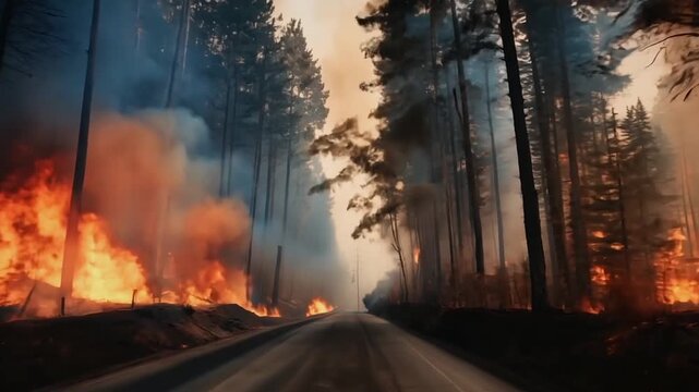 Car driving through wildfire forest fire POV