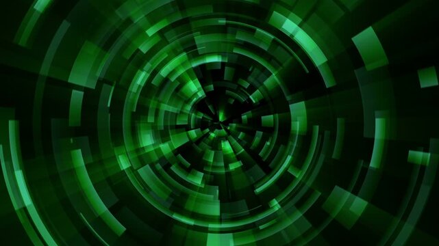 Green techno abstract concentric circles. Loop between 6:00-18:00. Digital scan, radar, camera lens aperture, high-tech interface or other technology.