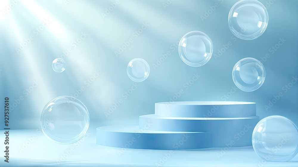 Poster sophisticated blue podium stage with floating soap bubbles. 3d vector background showcasing rounded 