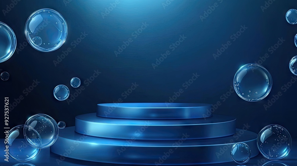 Poster sophisticated blue podium stage with floating soap bubbles. 3d vector background showcasing rounded 