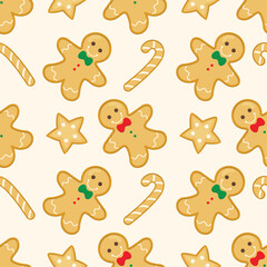 Christmas seamless pattern with cute gingerbread man, stars and candy canes on cream background. Seasonal celebration vector illustration.