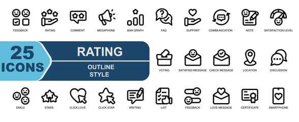 icon collection.customer rating.simple outline style icon.contains love message,certificate,smartphone,voting,satisfied message,check message,location,discussion,frown.
