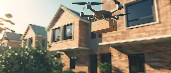 A drone delivers a package to a modern residential home, representing the future of delivery services and autonomous technology.