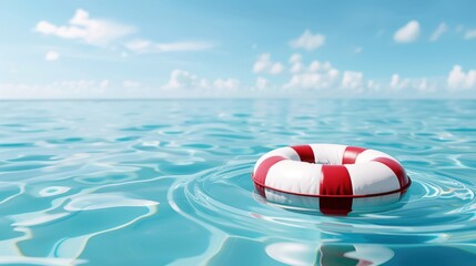 Naklejka premium A red and white lifebuoy floating on calm ocean water under a clear blue sky, symbolizing safety and rescue at sea.
