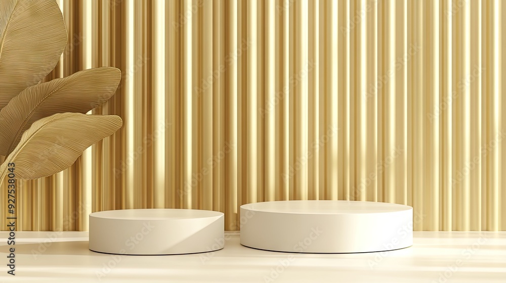 Poster sophisticated white round podiums in a 3d setting with a golden backdrop partition. perfect for high