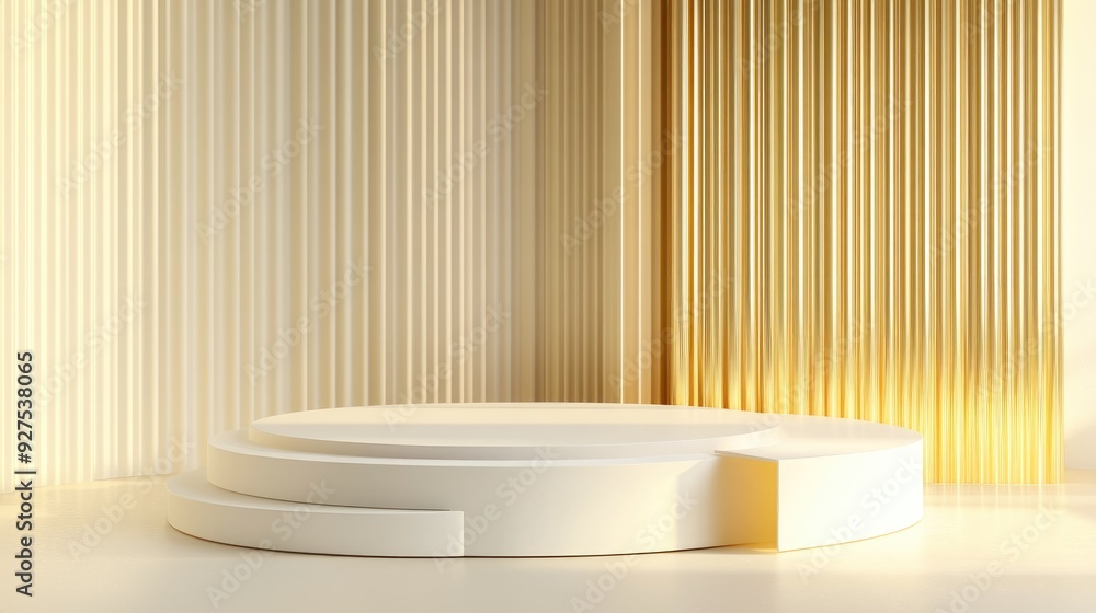 Poster sophisticated white round podiums in a 3d setting with a golden backdrop partition. perfect for high