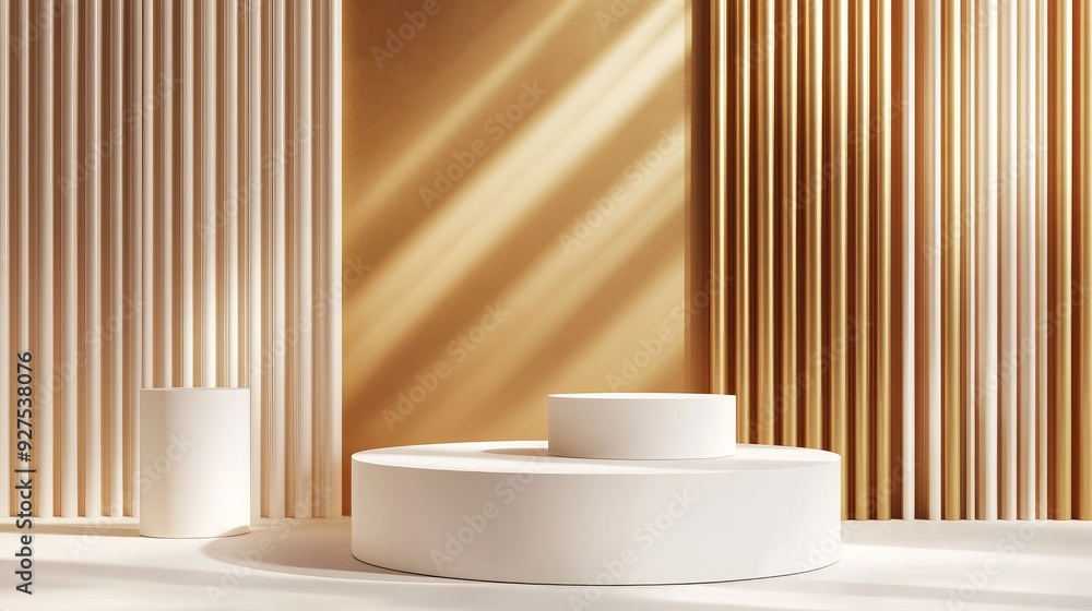 Poster sophisticated white round podiums in a 3d setting with a golden backdrop partition. perfect for high