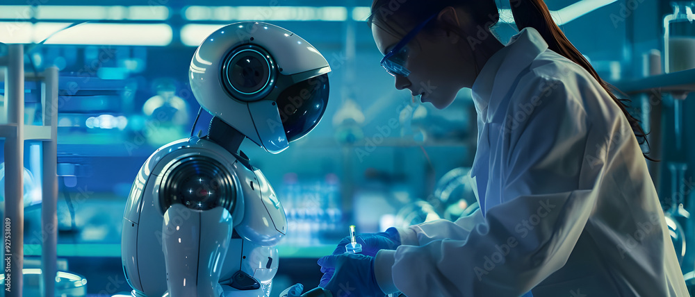 Leinwandbilder A scientist collaborates with a robot in a futuristic, high-tech laboratory, symbolizing the integration of robotics and AI in scientific research.