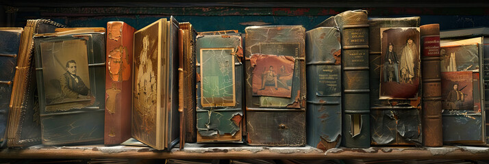 A shelf full of old photo albums, their leather bindings cracked and faded, their precious contents fading with time.