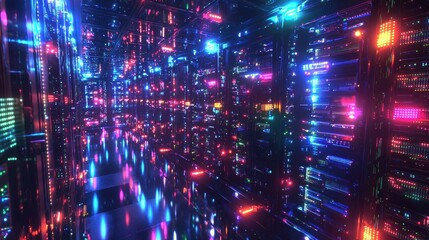 Fototapeta premium Illuminated Data Center with Rows of Servers Processing Information - Technology Infrastructure Concept