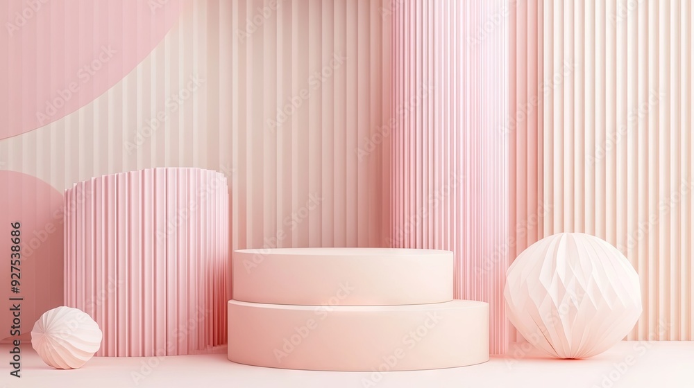 Poster stylish 3d abstract background with pink and beige realistic cylinders. pastel-colored podiums in a 