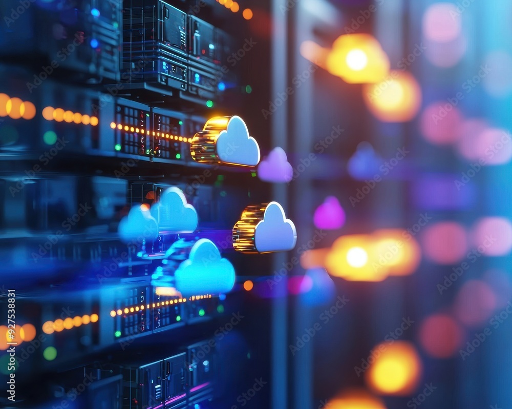 Poster futuristic data center with cloud computing technology, illuminated servers, and vibrant digital con