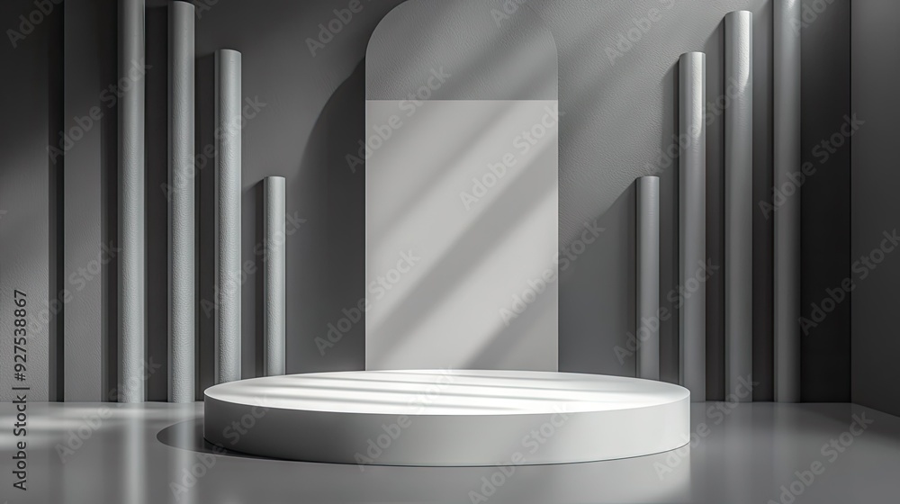 Poster stylish gray room with a pulpit and white podium on a clean display base. ideal for creating present