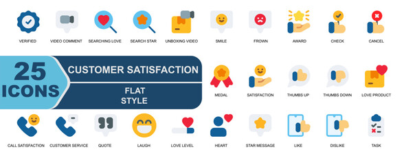 simple flat style customer satisfaction icon set.contains dislike,bad,award,star,check,like,cancel,medal,satisfaction,thumbs up,good,thumbs down,disappointed,call satisfaction.
