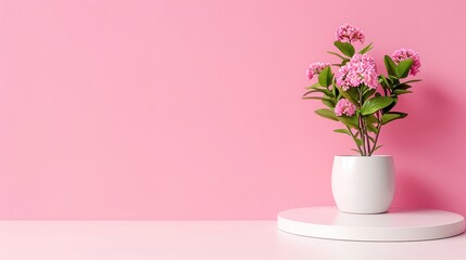 Elegant pink flowers in a white pot on a circular stand against a soft pink background. Perfect for minimalist and floral-themed designs.