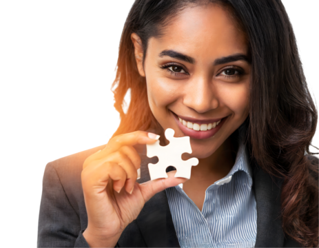 Businesswoman hand connecting jigsaw puzzle with sunlight effect, Business solutions, succes. Generative AI.