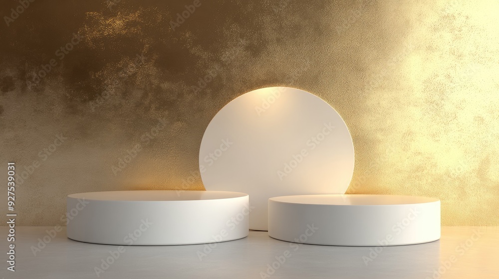 Poster stylish white round podiums in a 3d setting with a gold backdrop partition. perfect for minimalist a