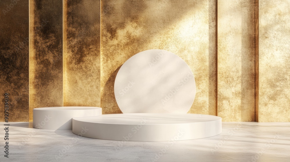 Poster stylish white round podiums in a 3d setting with a gold backdrop partition. perfect for minimalist a