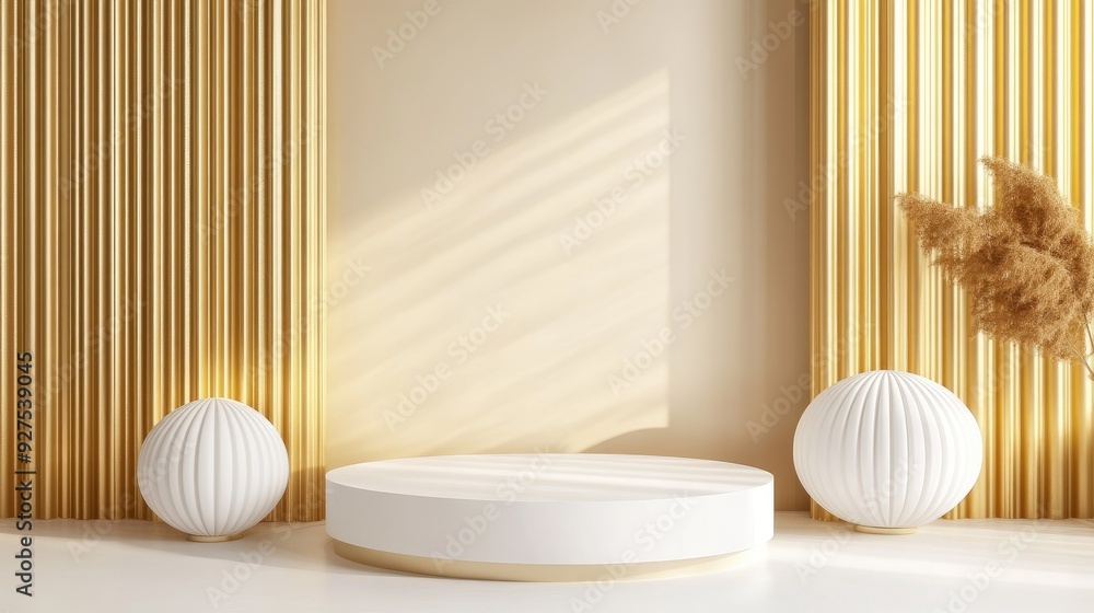 Poster stylish white round podiums in a 3d setting with a gold backdrop partition. perfect for minimalist a