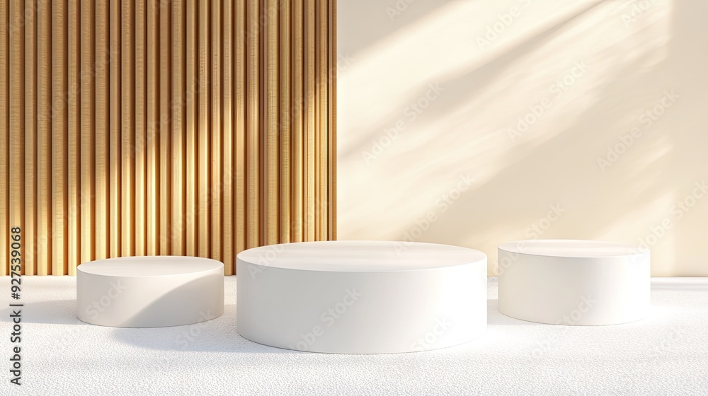 Poster stylish white round podiums in a 3d setting with a gold backdrop partition. perfect for minimalist a