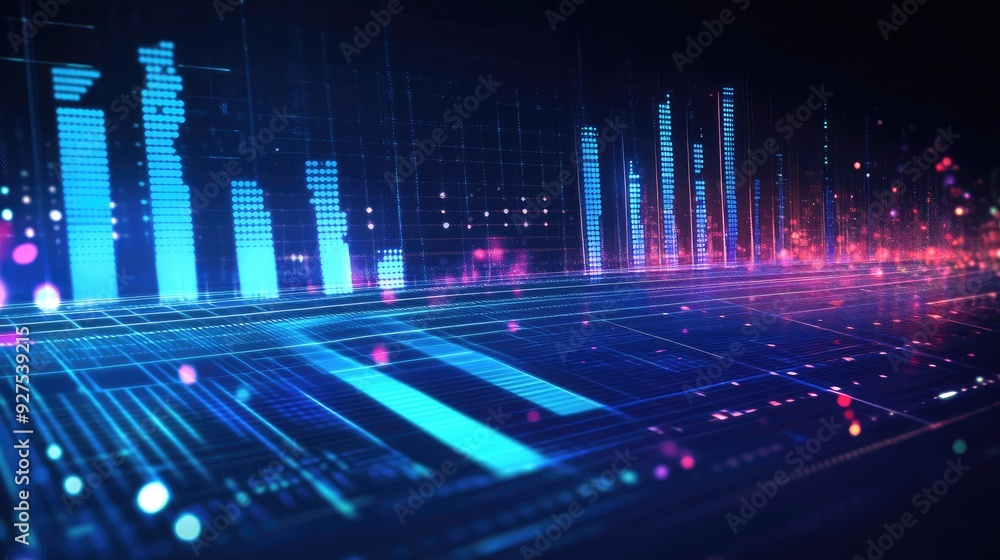 Poster stylized vector of a blue music equalizer featuring dynamic bars and waveforms. clean design emphasi