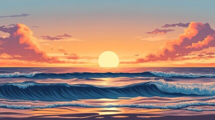 Obraz premium Summer sunrise over the sea, with calm waves and a stunning palette of warm colors. Vector illustration emphasizing the serene and artful beauty of coastal mornings or evenings.