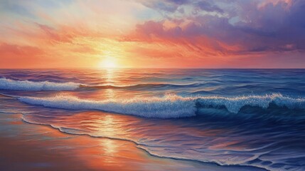 Fototapeta premium Summer sunset over the ocean with calm, reflective waves and a palette of bright warm colors. A peaceful seascape capturing the artful beauty of evening light.