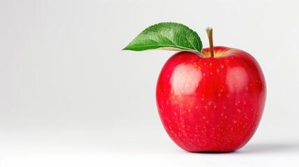 A vibrant red apple with a green leaf isolated on a plain grey background, perfect for healthy eating and lifestyle concepts.